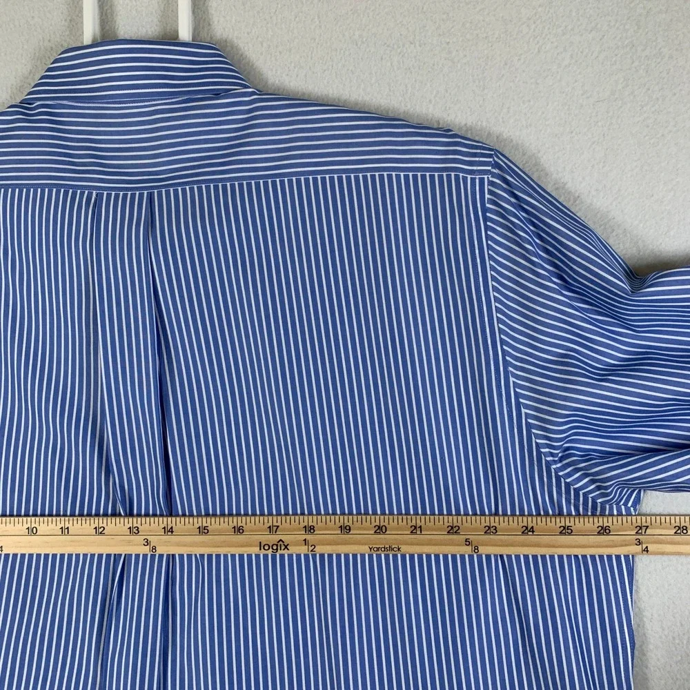 Brooks Brothers Men 17.5 2-3 Blue White Stripe Button Down Shirt Non Iron Cotton